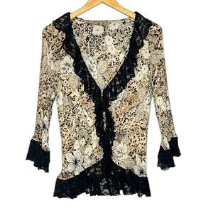 Agora Y2K Mob Wife Leopard Lace Ruffle Button Front Floral Hibiscus Blouse Large
